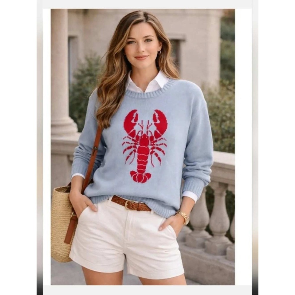 Mighty Fine Sweater Women S Blue Red Lobster Graphic Knit Crewneck Long Sleeve